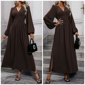 NEW Chic Ruched Waist Lantern Sleeve Maxi Dress Dark Chocolate Brown